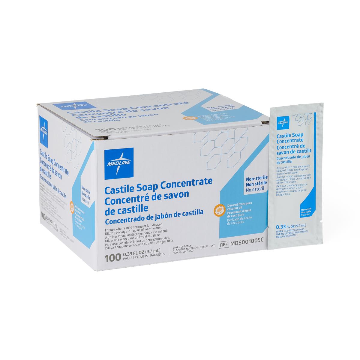 Medline Castile Soap Concentrate - Pure Coconut Oil Formula, 0.33 oz Single-Use Packets