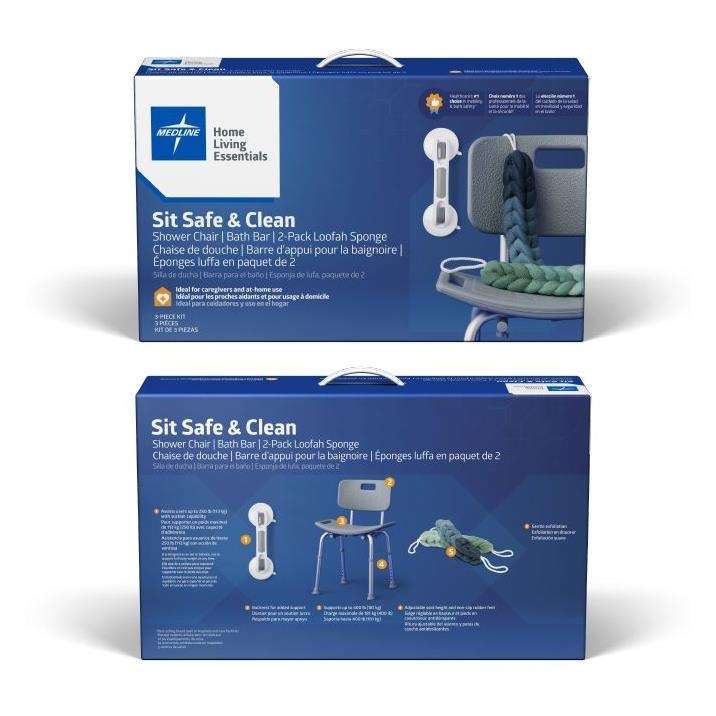 Sit Safe & Clean Complete Bath Safety Kit for Caregivers - Shower Chair, Grab Bar & Loofahs