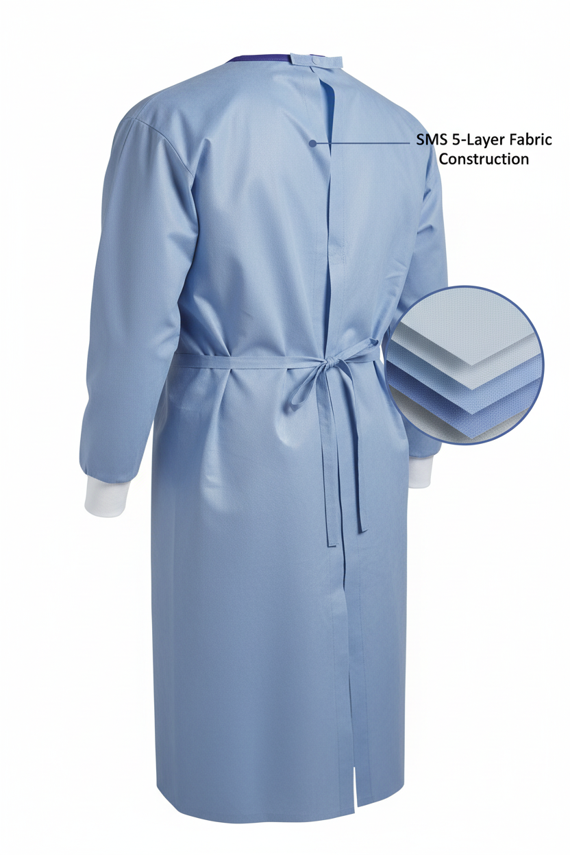 Angled view of SMS isolation gown