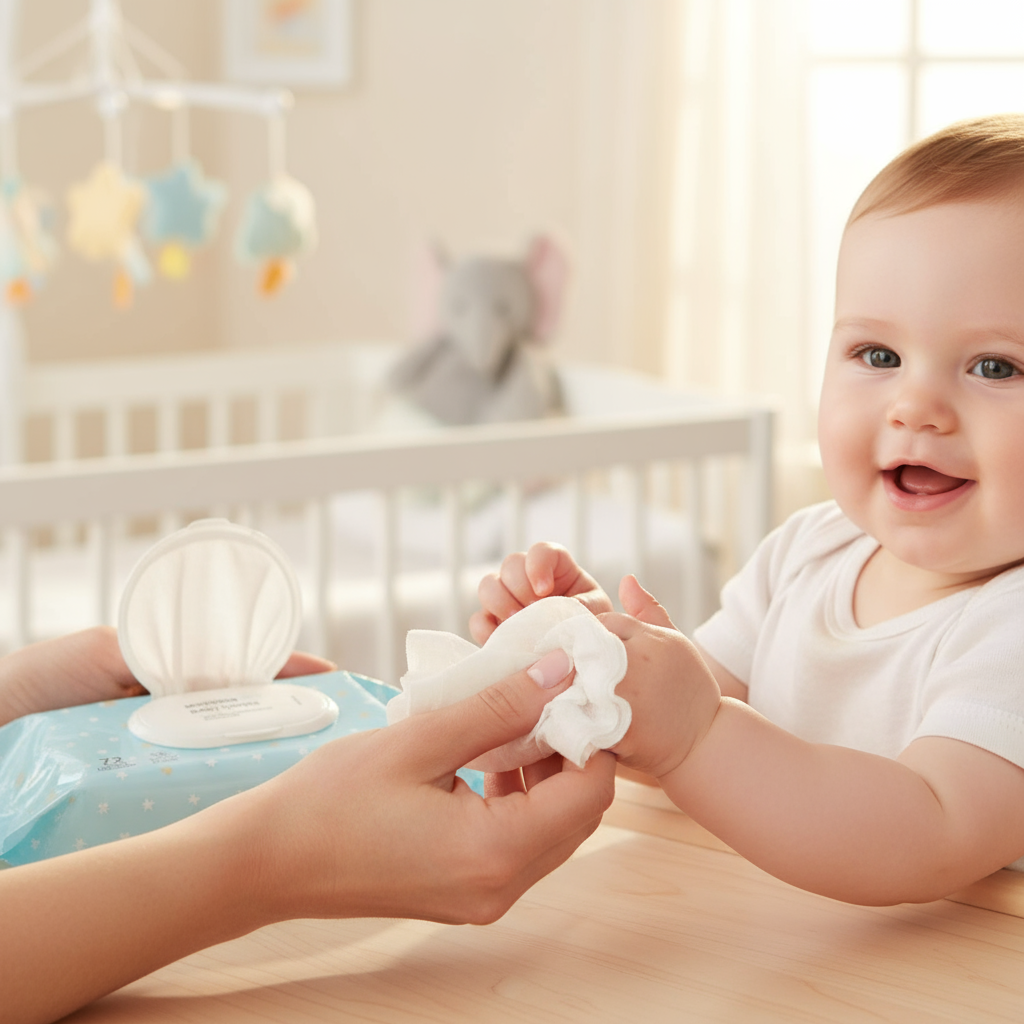Baby wipe in use