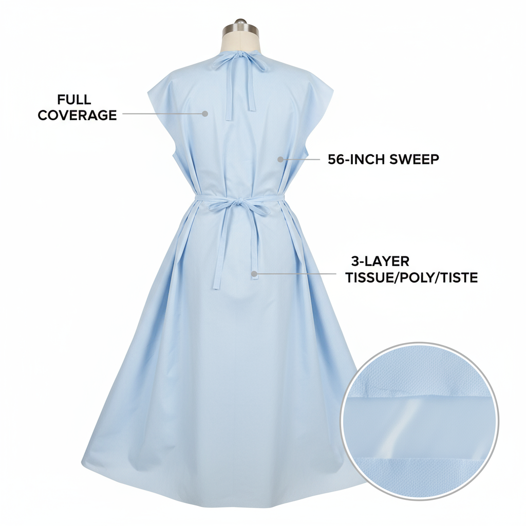 Back view of exam gown showing full coverage