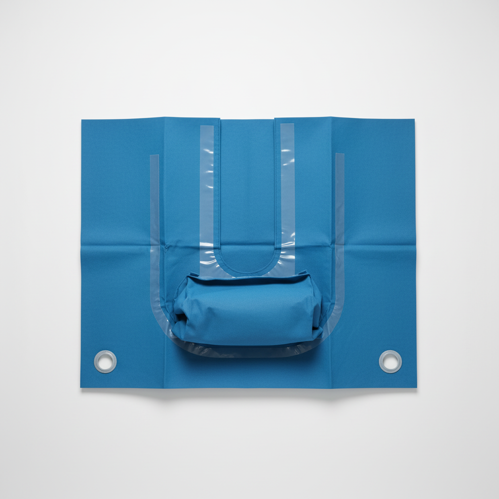 Blue drape showing U-shaped split and pouch