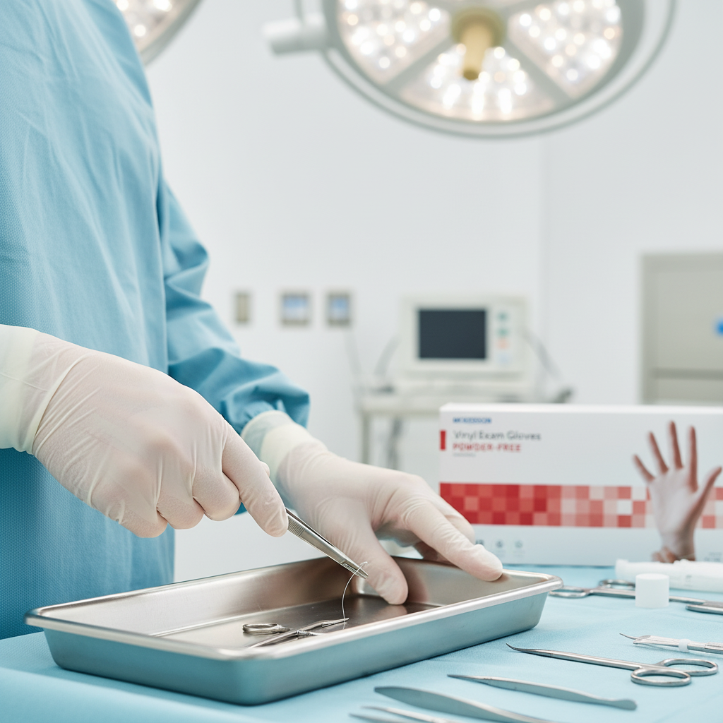 Both hands wearing vinyl gloves with instruments