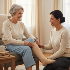 Caregiver or elderly person applying sleeve
