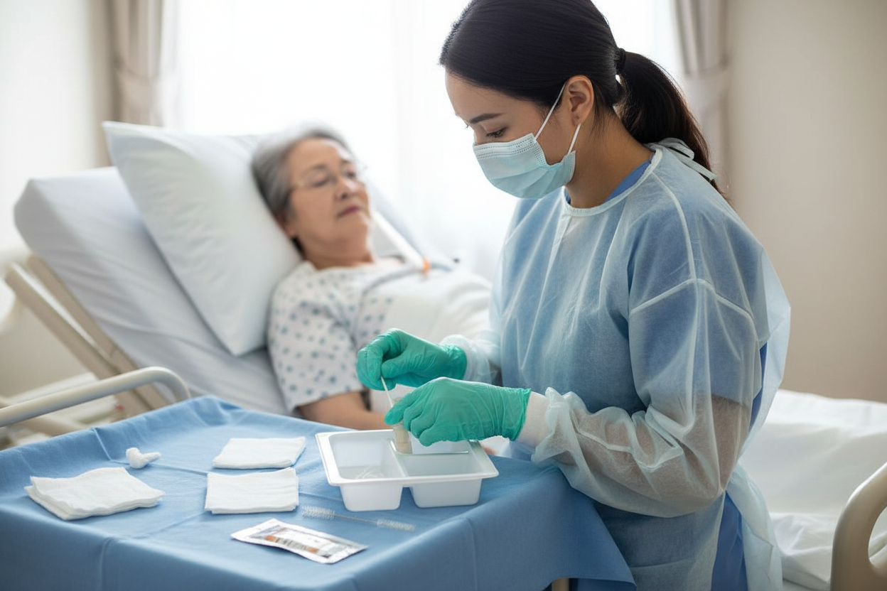 Caregiver performing tracheostomy care