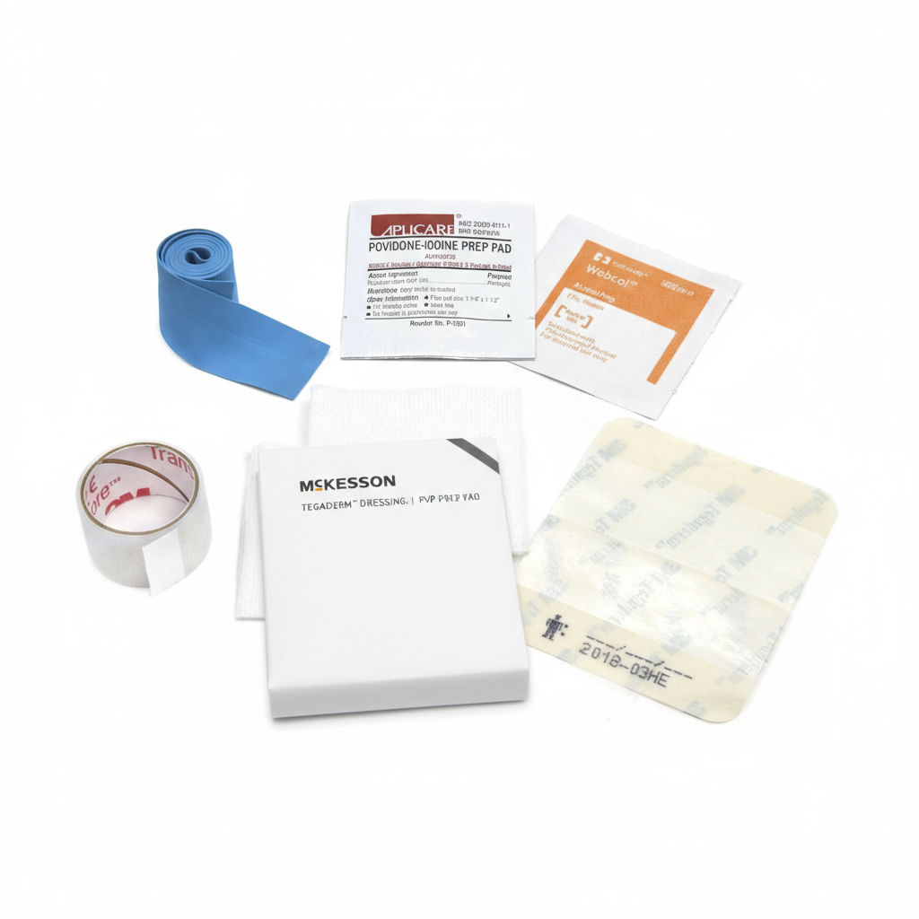 Close-up detail of IV start kit components