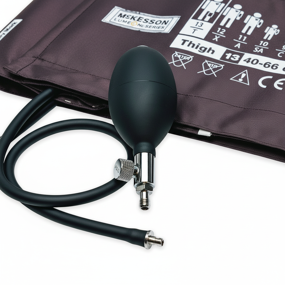 Close-up of bulb, valve, and luer connector