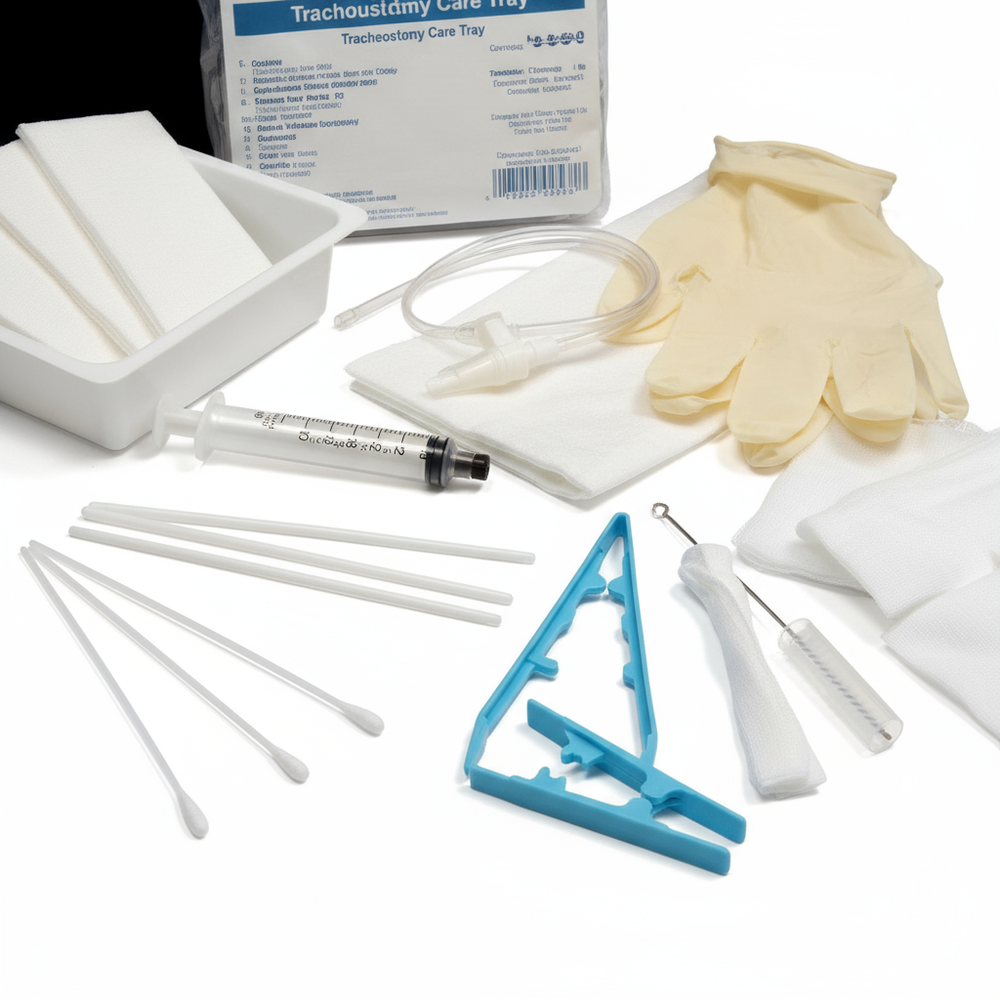 Close-up of catheter and cleaning supplies