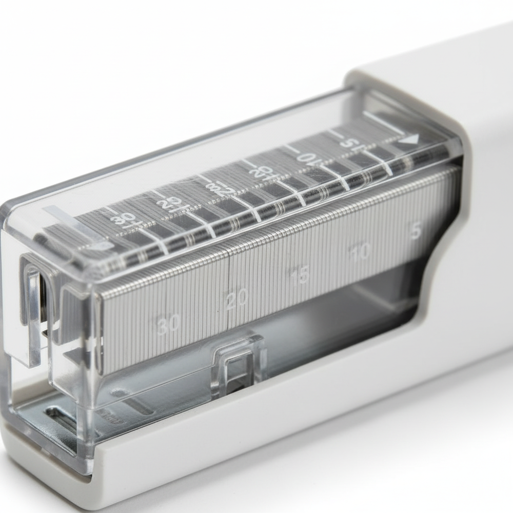 Close-up of clear marked cartridge with staples