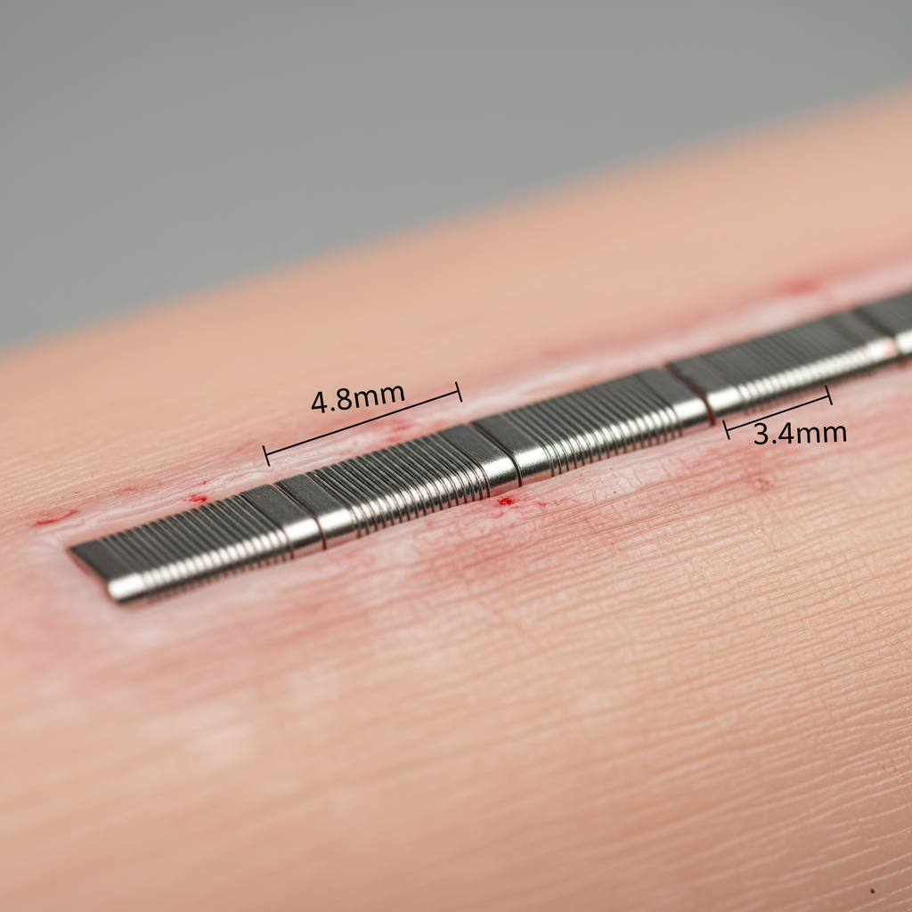 Close-up of formed surgical staples in tissue