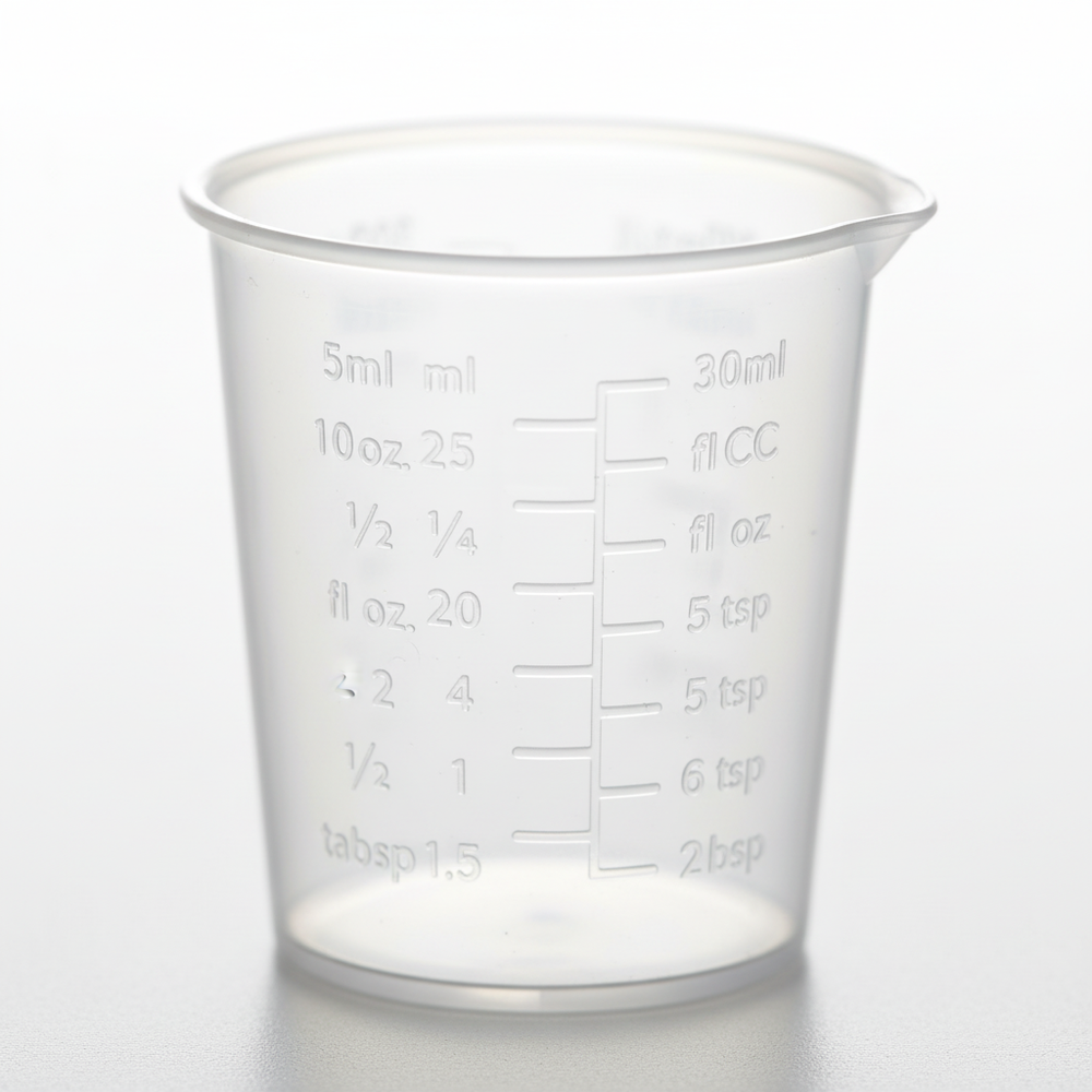 Close-up of measurement markings and pour lip