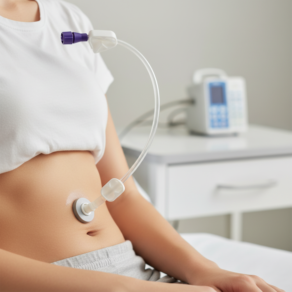 Connected to gastrostomy button