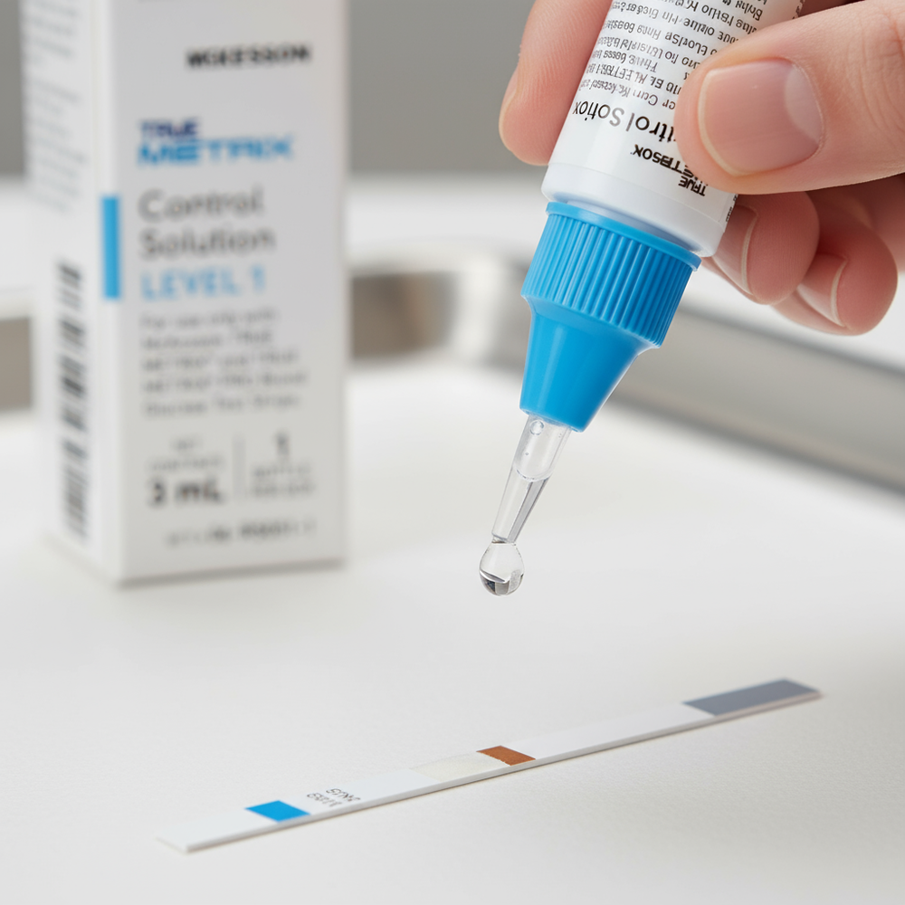 Control solution being applied to test strip