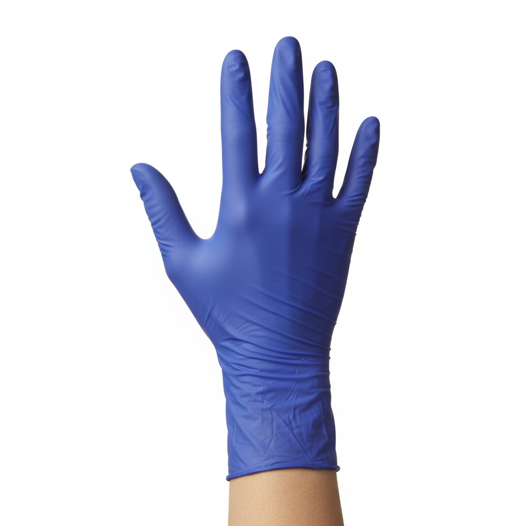 Dark blue nitrile glove on hand showing fit