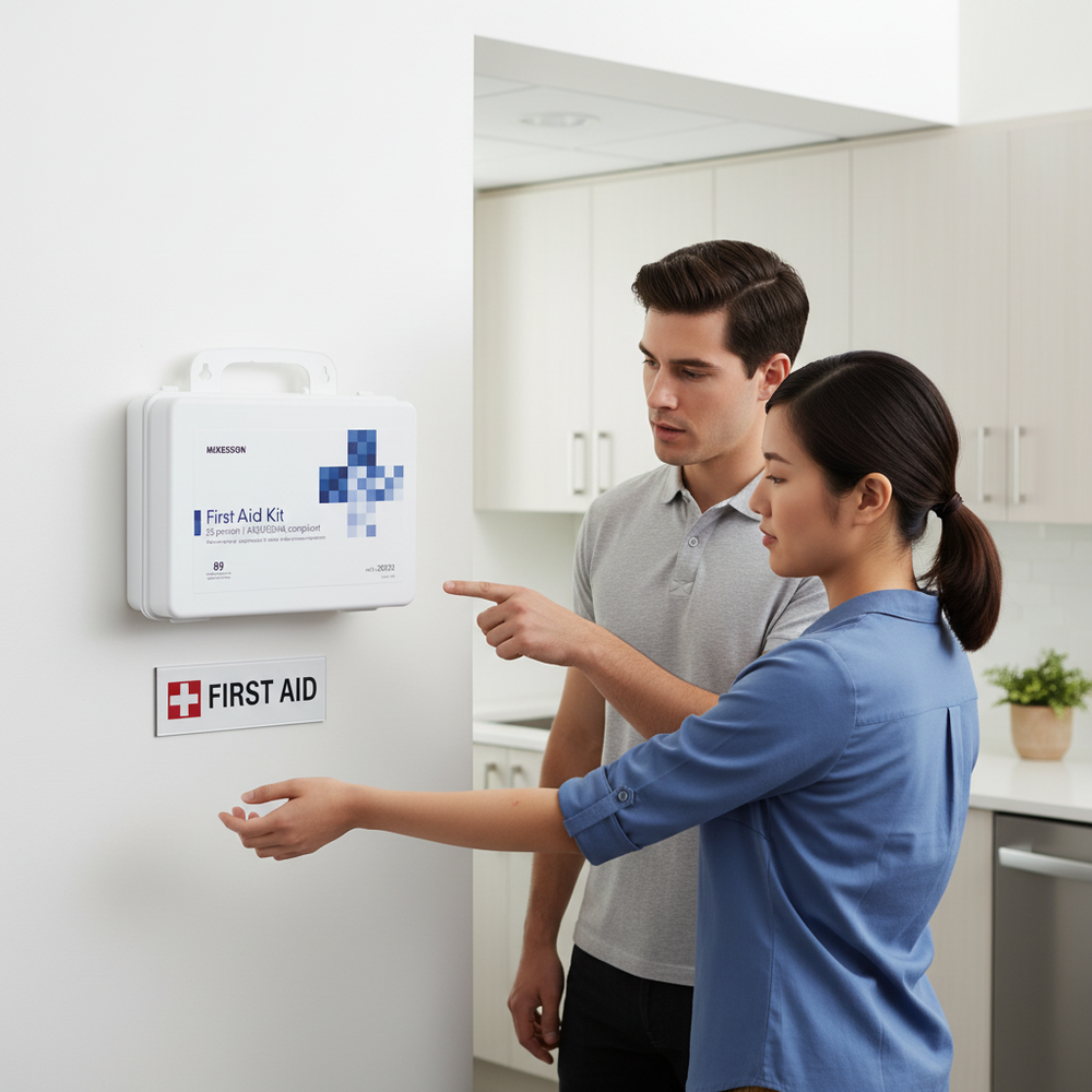 First aid kit mounted in workplace