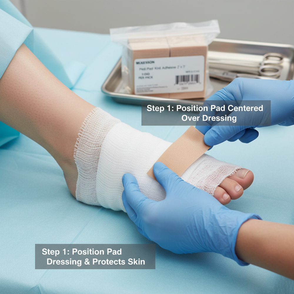 Hands applying pad over dressing