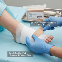 Hands applying pad over dressing