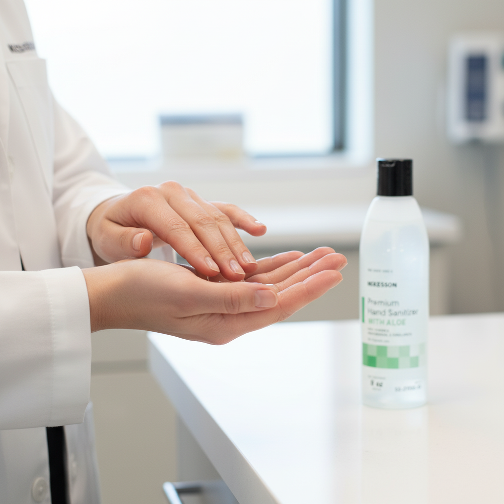 Hands applying sanitizer gel