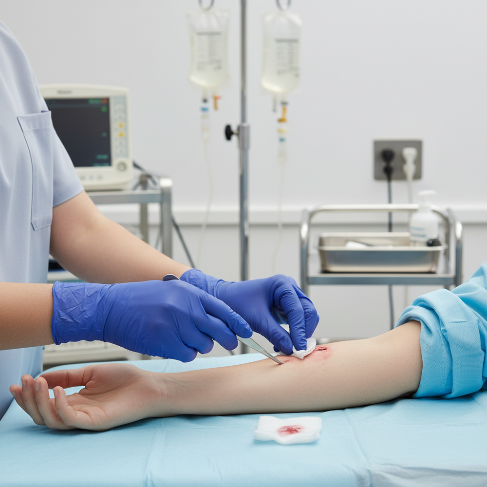 Hands in gloves performing medical procedure