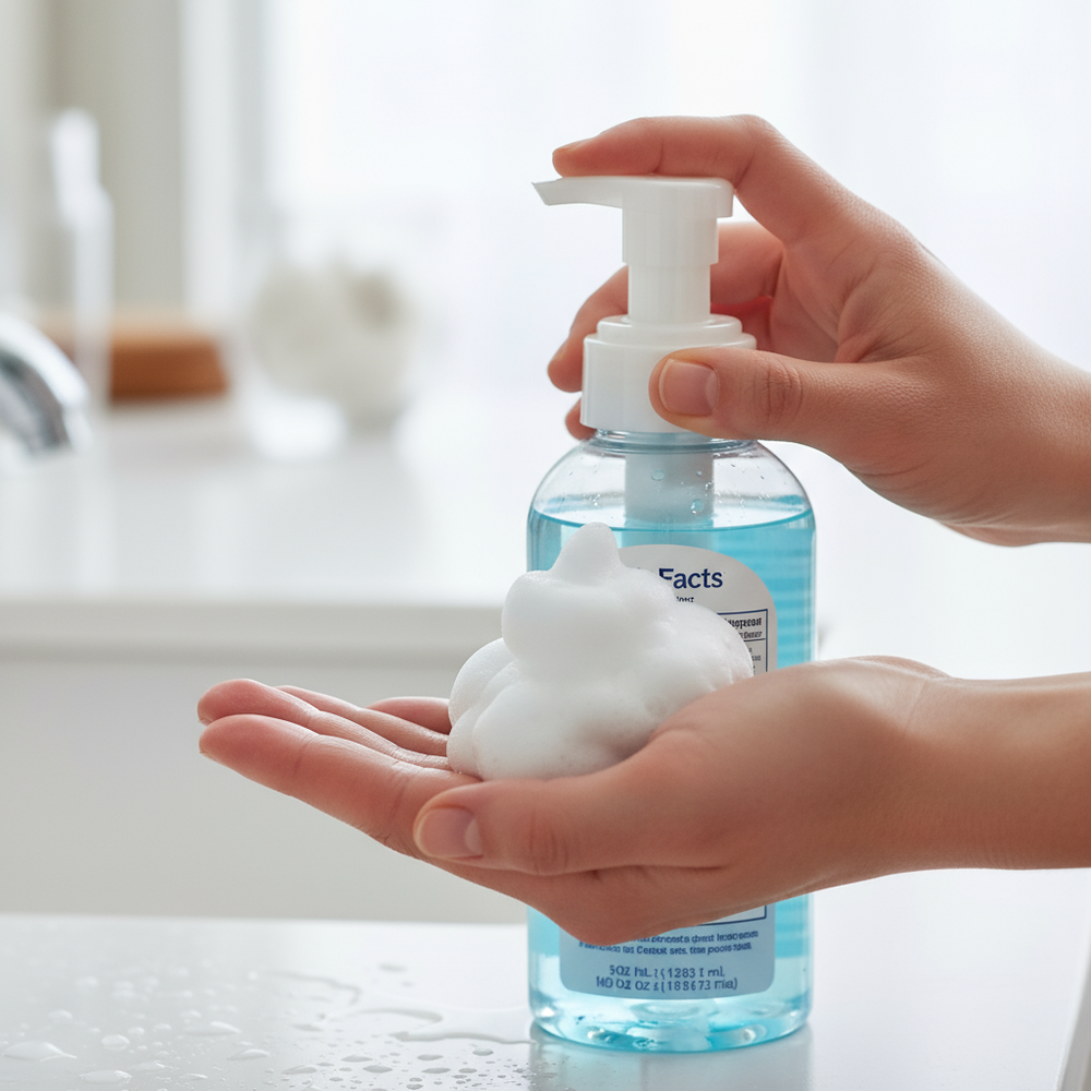 Hands using foaming sanitizer