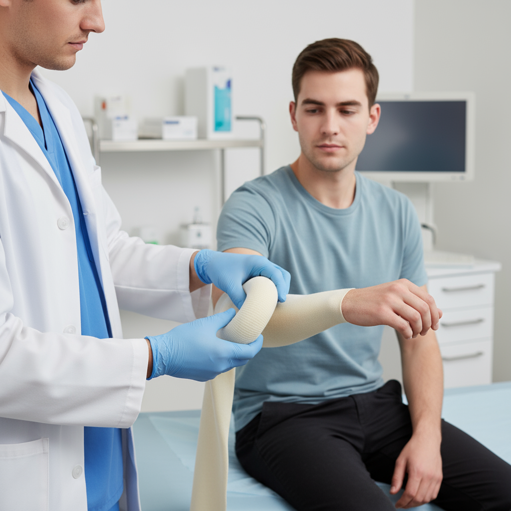 Healthcare professional applying stockinette to patient