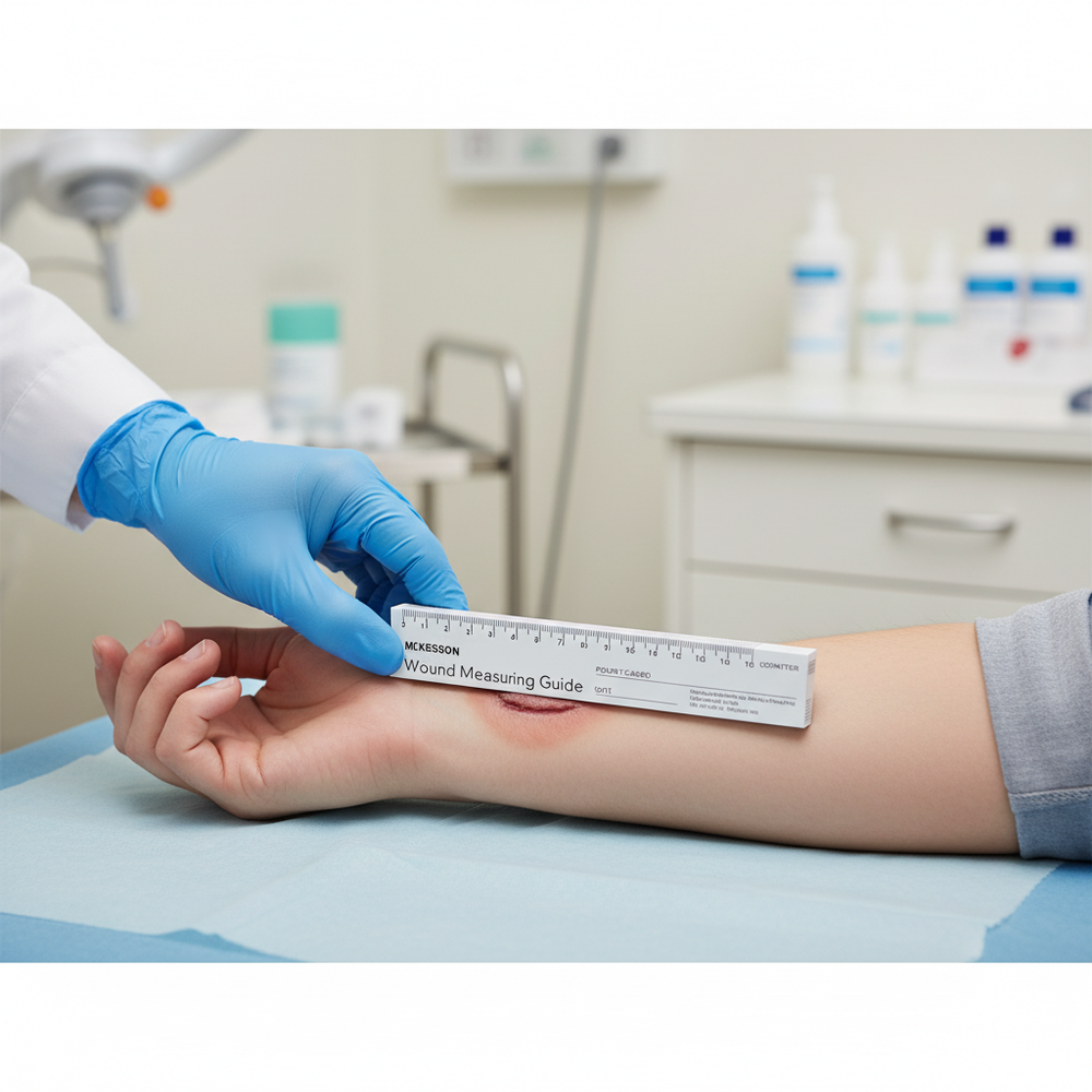 Healthcare professional using wound measuring ruler