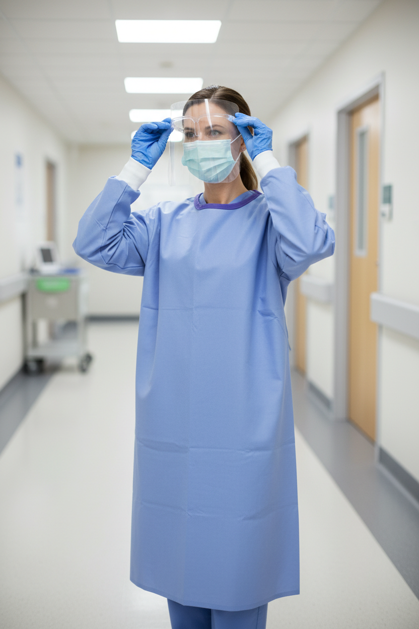 Healthcare professional wearing gown