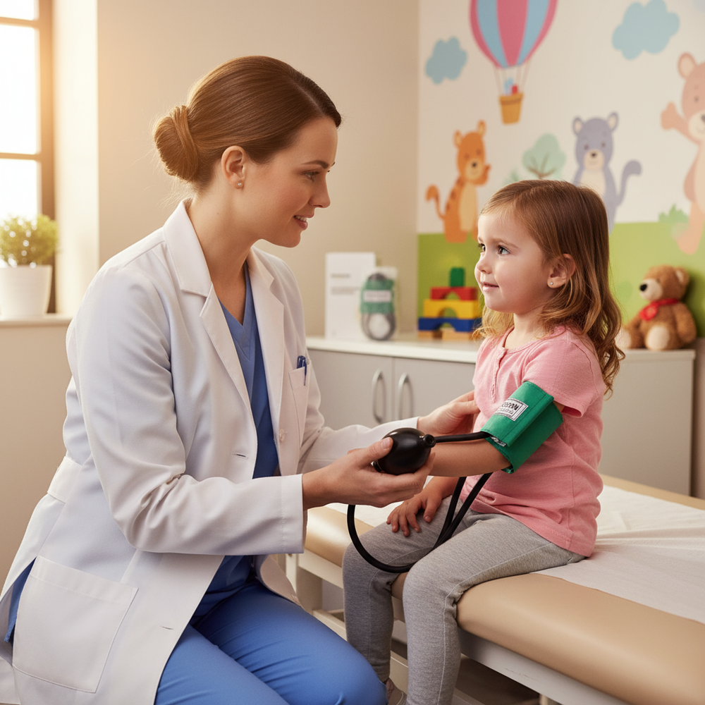 Healthcare provider measuring child's blood pressure