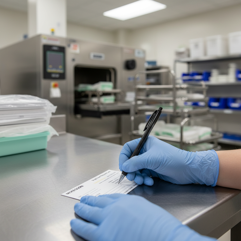 Healthcare worker completing record card