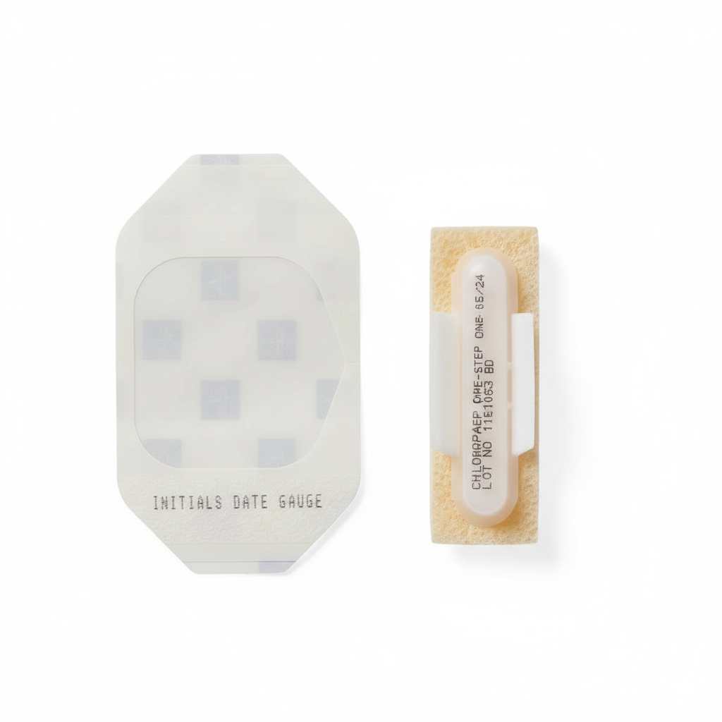 Close-up of ChloraPrep applicator and transparent dressing