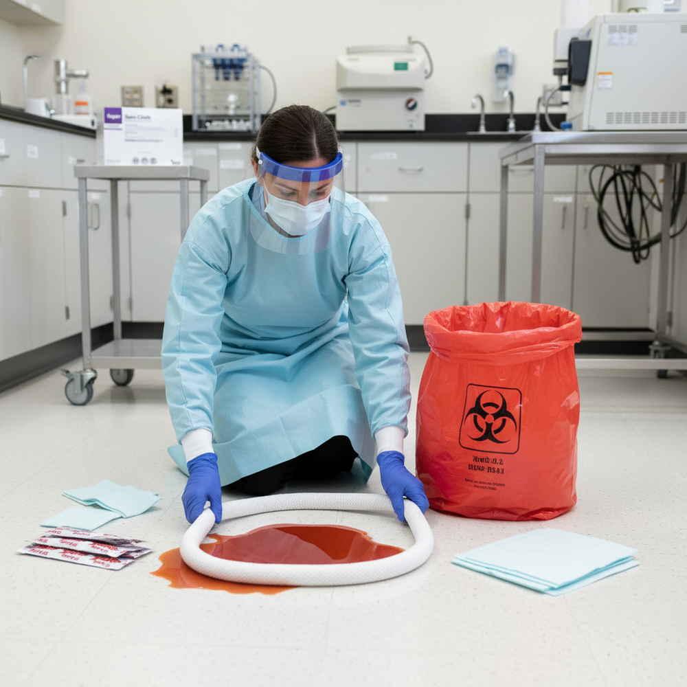Healthcare Professional Using Biohazard Spill Kit