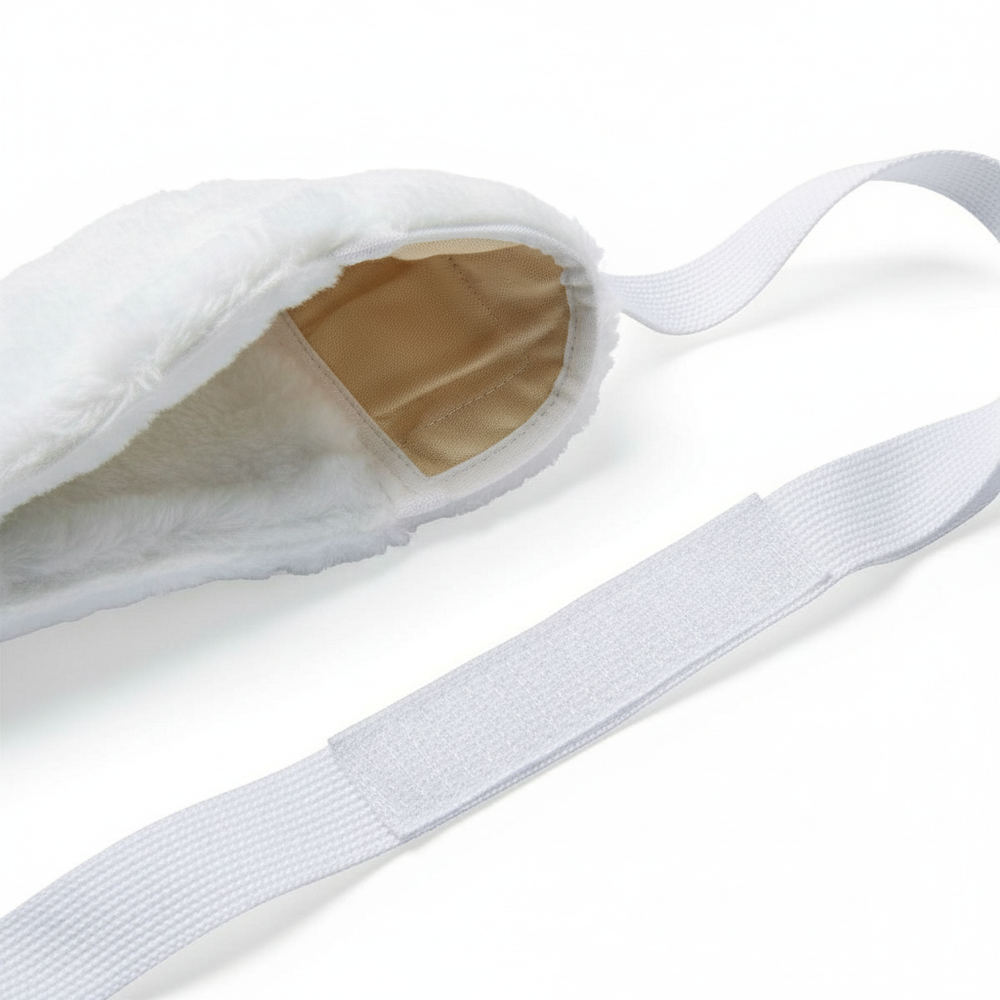 Close-up detail of limb holder showing synthetic fur lining and hook-and-loop fastener