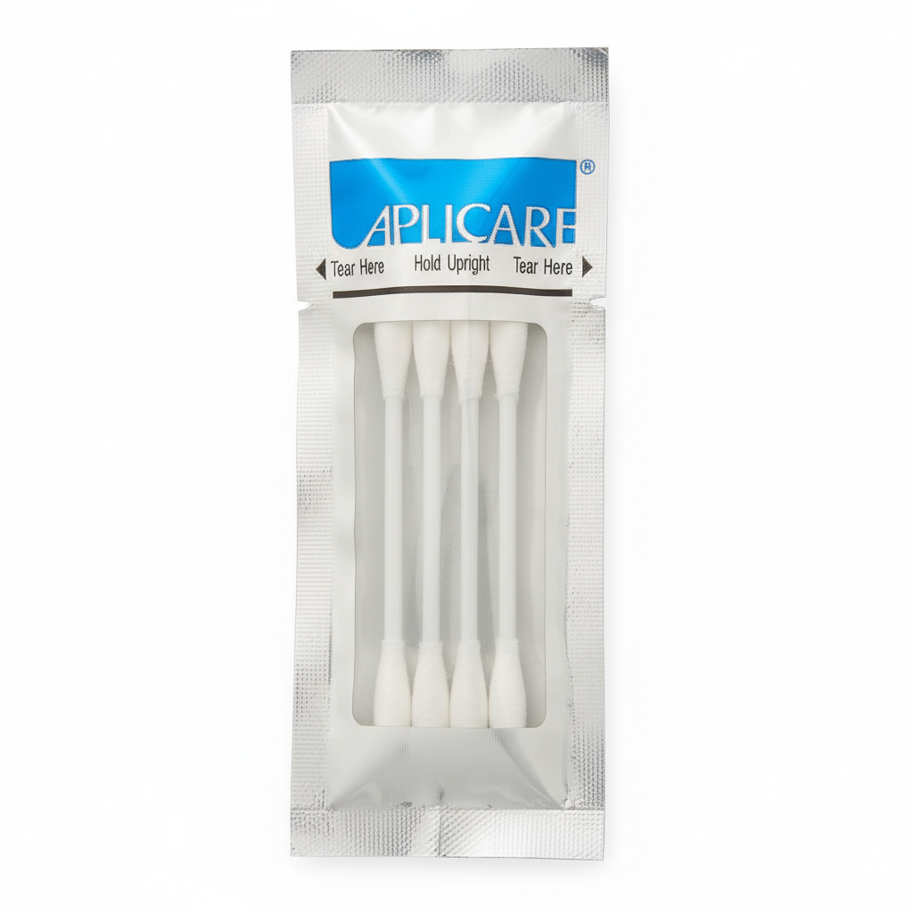 Close-up detail of triple-pack swabstick packaging