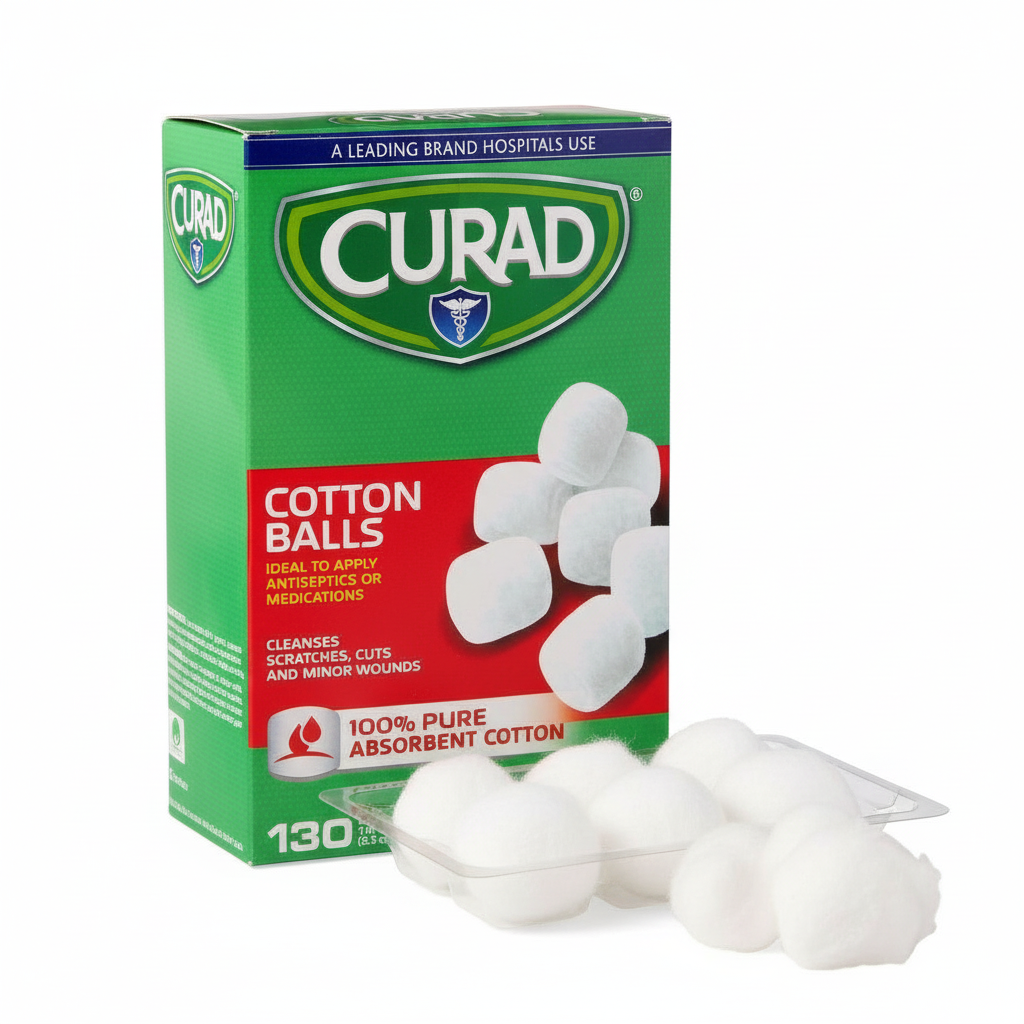 Sterile cotton balls in medical tray - top view