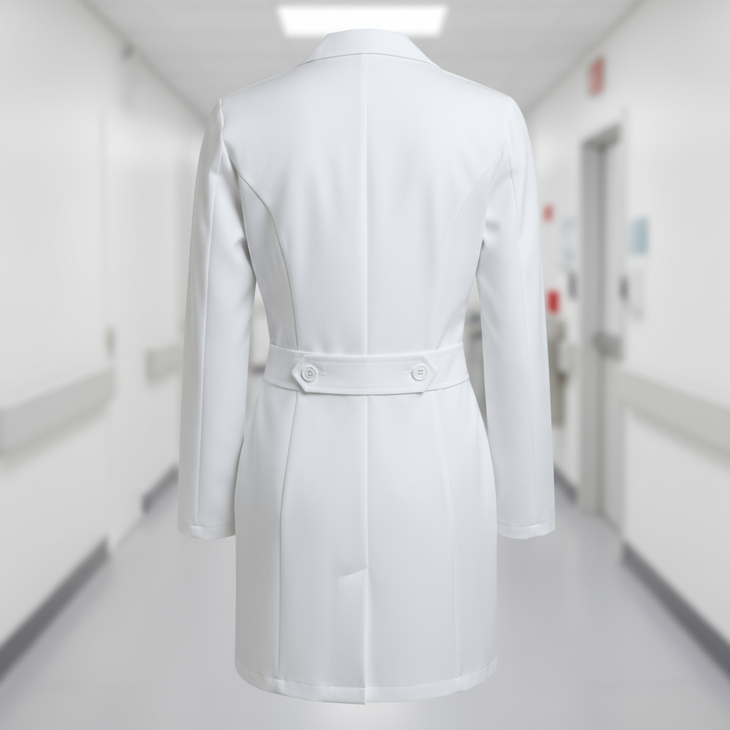 Back view showing princess seams and adjustable belt