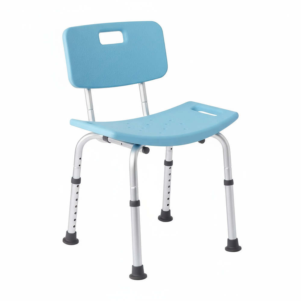 Three-quarter view of shower chair