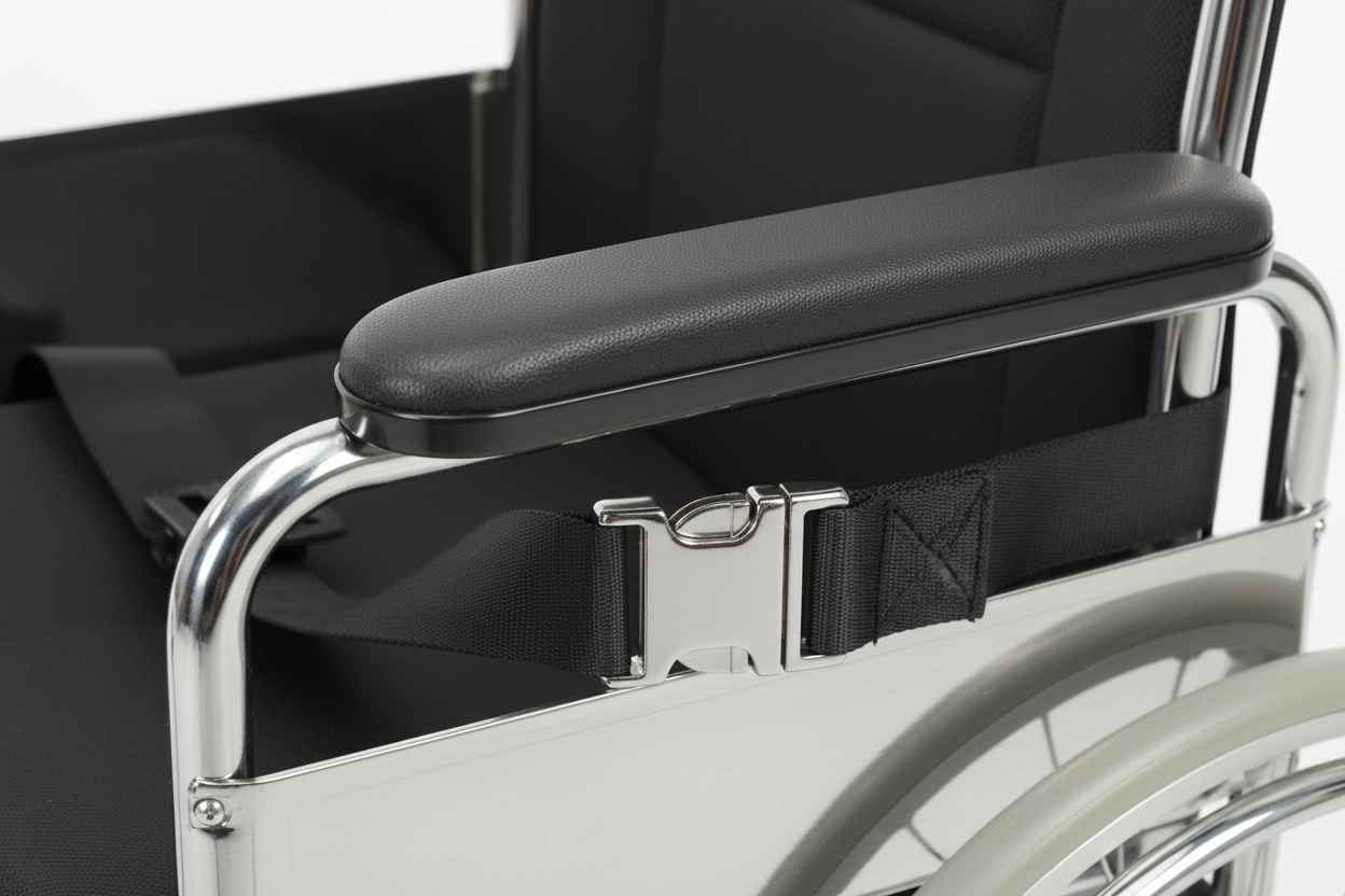 Close-up of padded armrest and seat belt