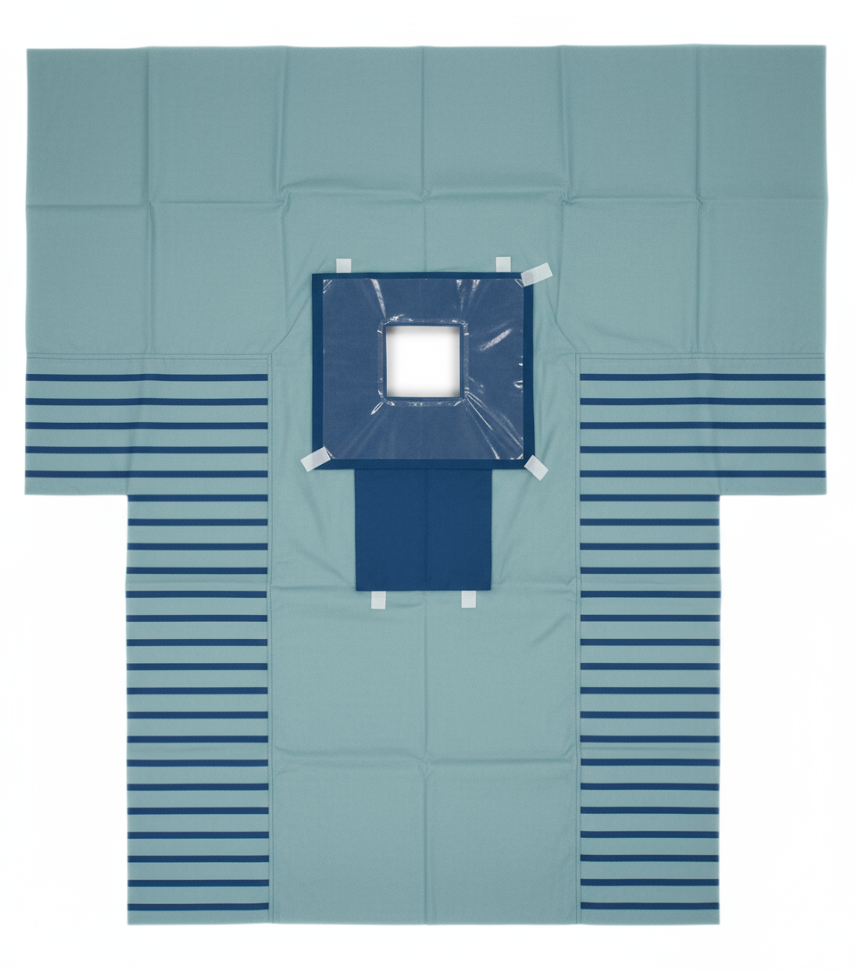 Top-down view of surgical drape with fenestration