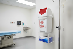 Sharps Container Cabinet with Glove Holder Wall Mount in Clinical Setting
