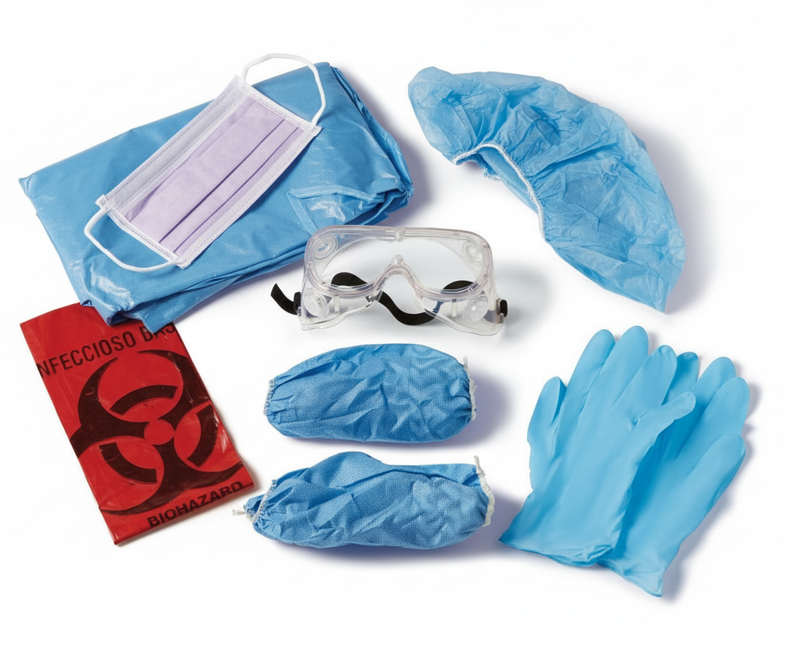 Overhead flat lay view of PPE kit components