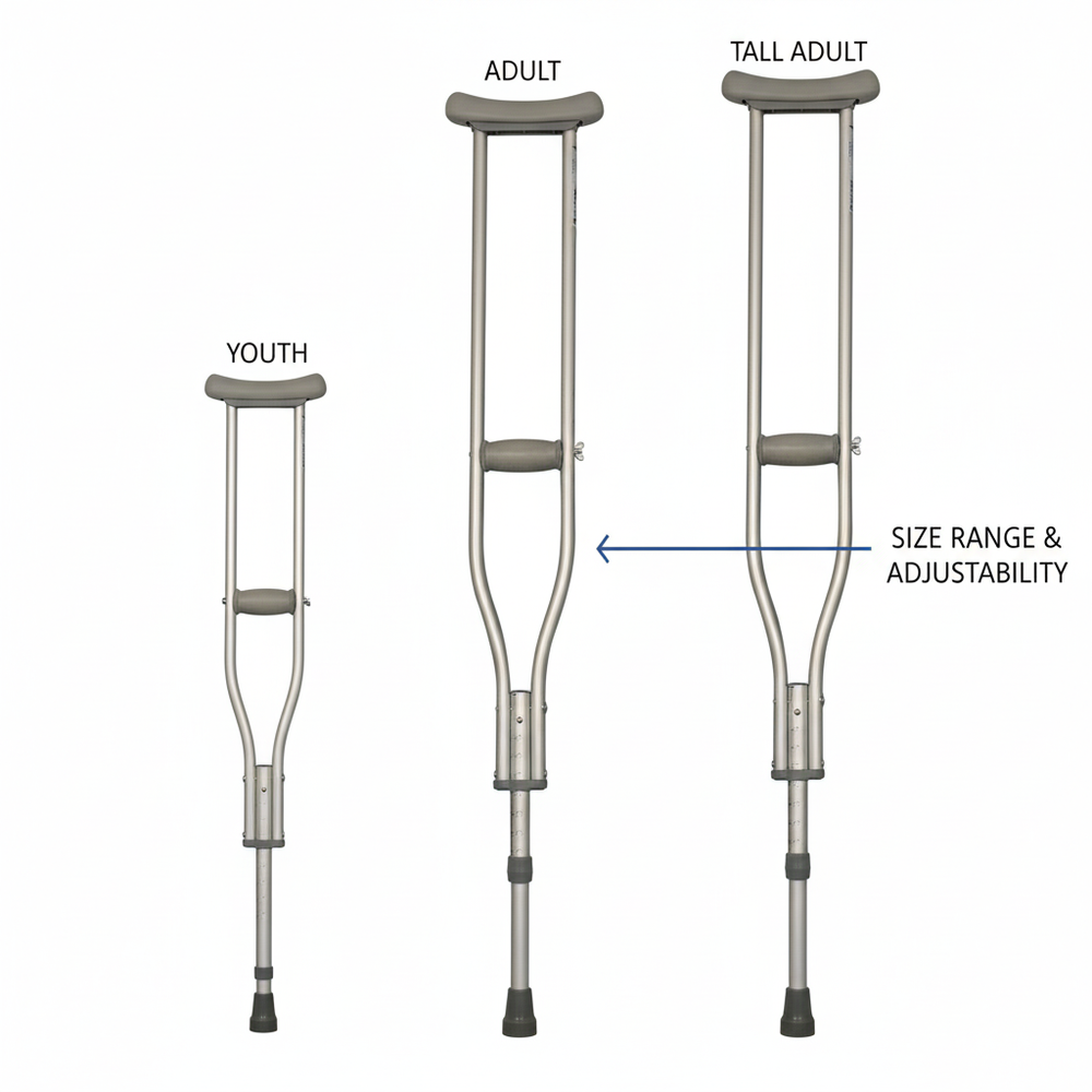Size comparison showing youth, adult, and tall adult options