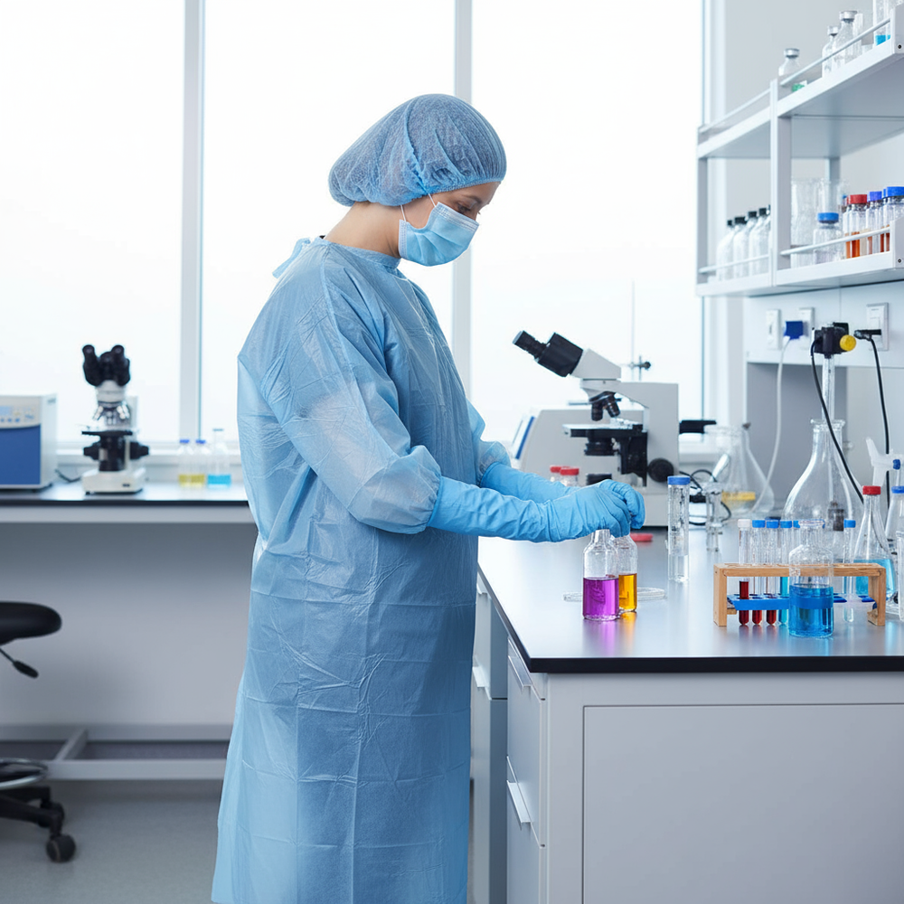 Healthcare professional wearing gown in laboratory setting