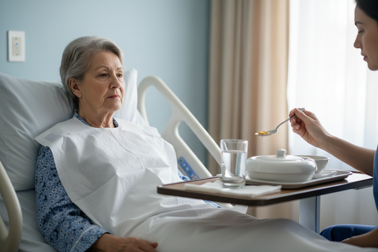 Patient wearing bib during mealtime