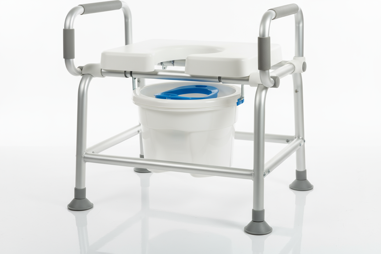 Close-up of commode pail and accessories