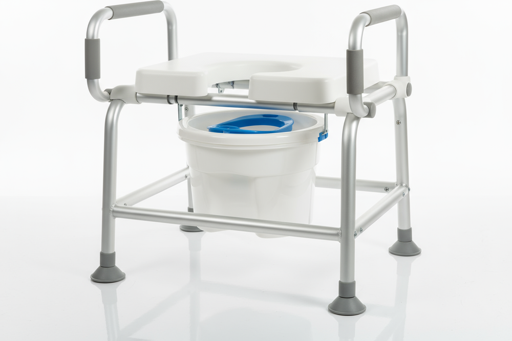 Close-up of commode pail and accessories