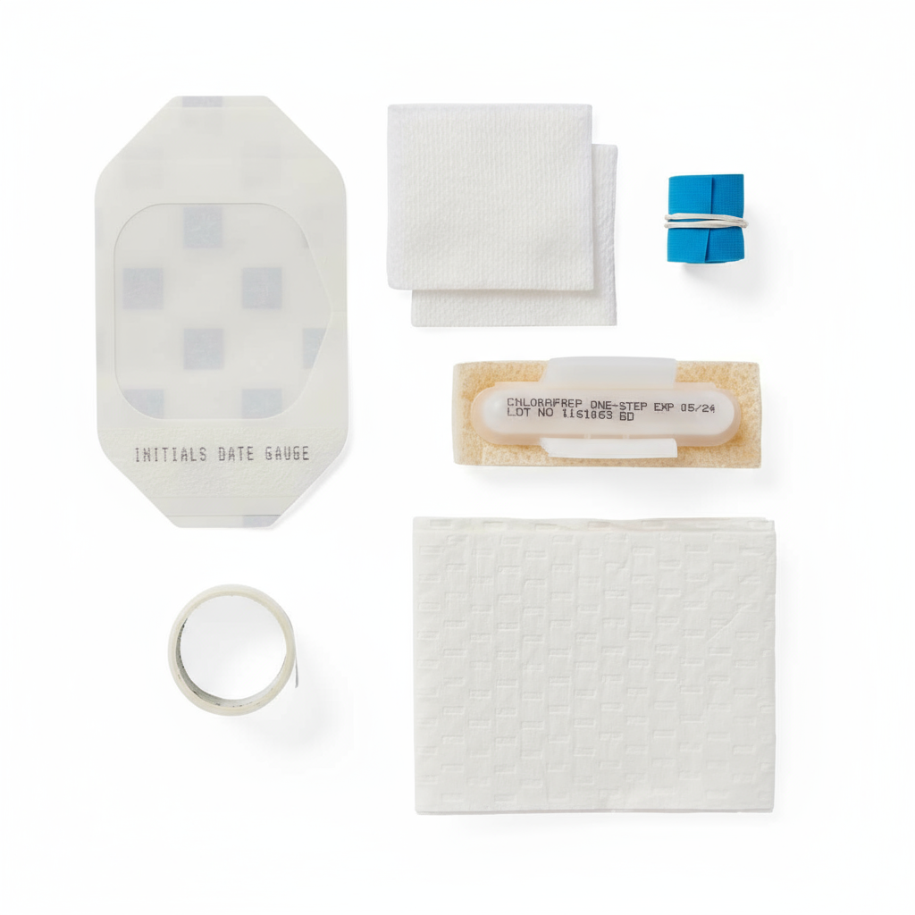 Detail shot of gauze, tape, and towel components