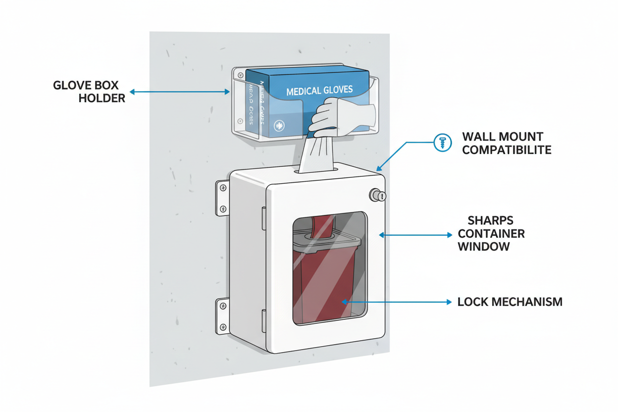 Sharps Container Cabinet Features Diagram with Glove Holder