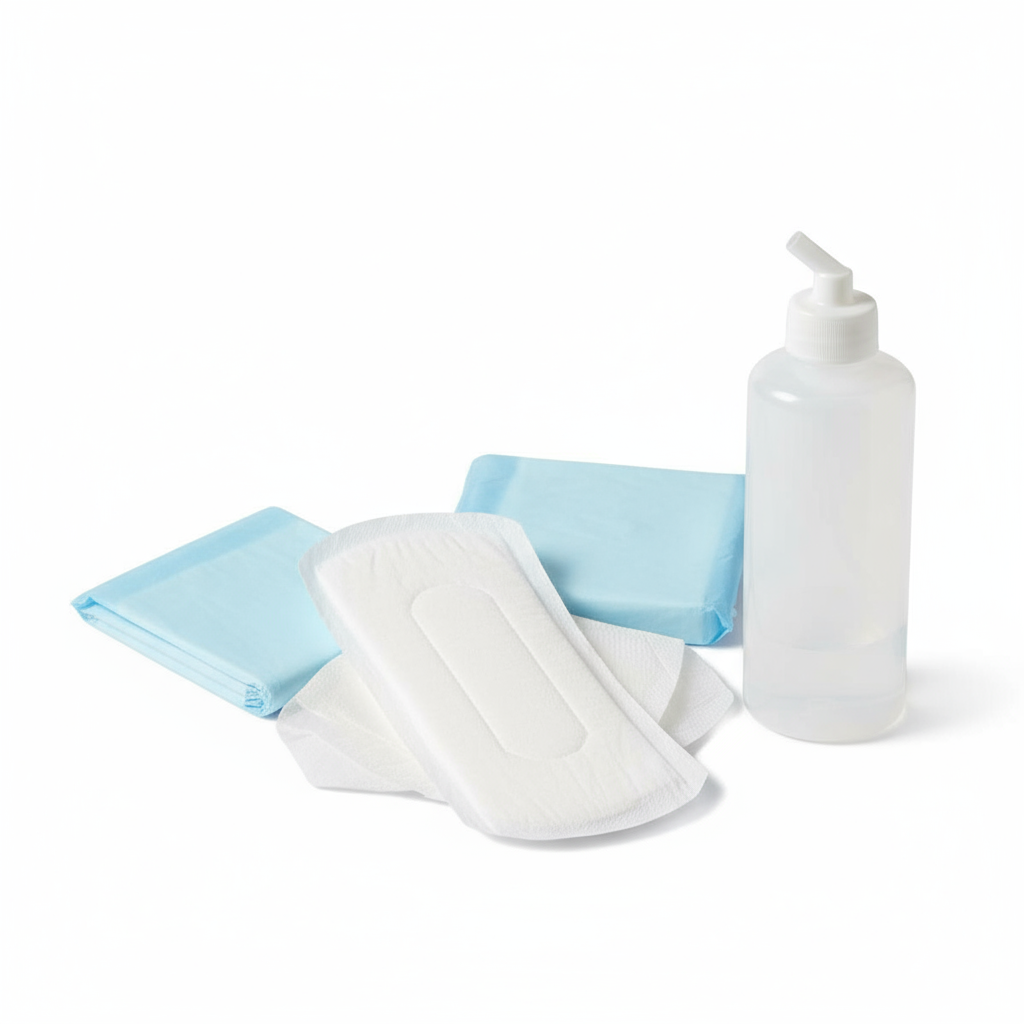 Close-up of peri bottle and maxi pads