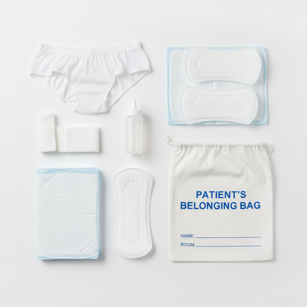 Flat lay view of maternity kit