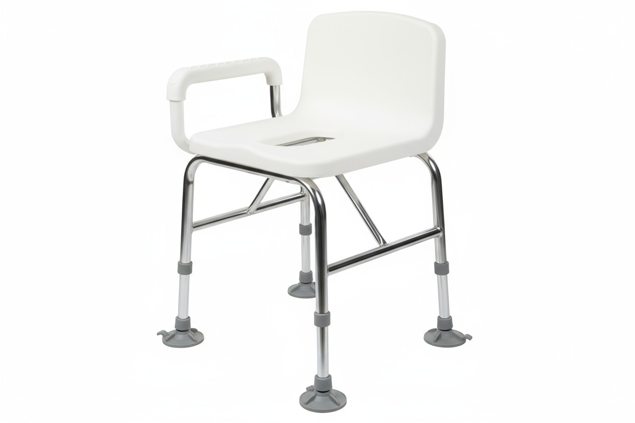 Front view of transfer bench and commode